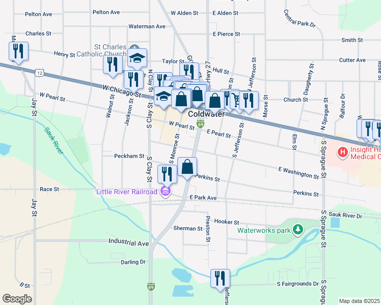map of restaurants, bars, coffee shops, grocery stores, and more near 90 Division Street in Coldwater