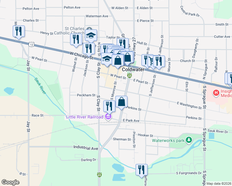 map of restaurants, bars, coffee shops, grocery stores, and more near 86 South Monroe Street in Coldwater