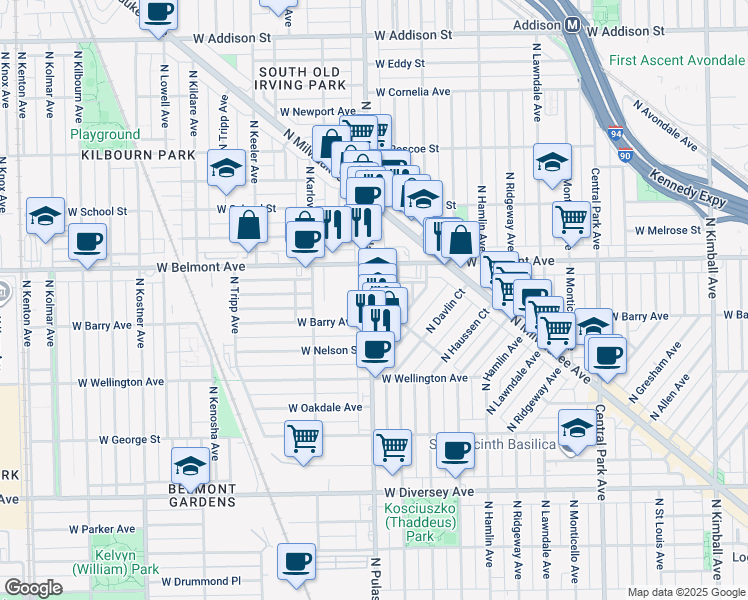 map of restaurants, bars, coffee shops, grocery stores, and more near 3121 North Pulaski Road in Chicago