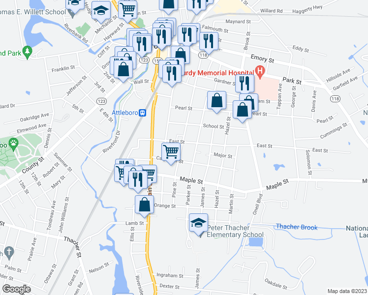 map of restaurants, bars, coffee shops, grocery stores, and more near 174 Pine Street in Attleboro