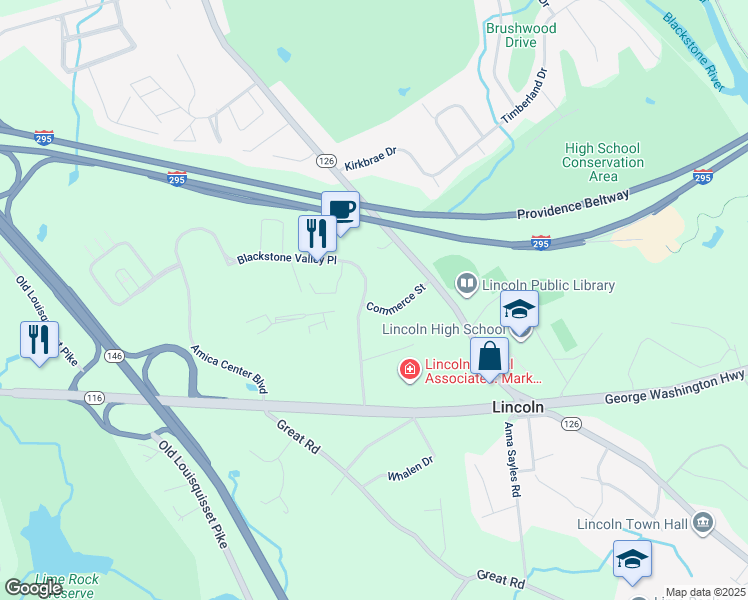 map of restaurants, bars, coffee shops, grocery stores, and more near 8 Blackstone Valley Place in Lincoln
