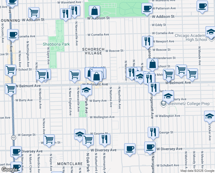 map of restaurants, bars, coffee shops, grocery stores, and more near 6620 West Belmont Avenue in Chicago
