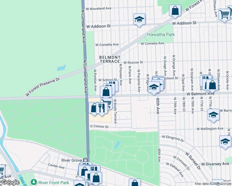 map of restaurants, bars, coffee shops, grocery stores, and more near 8216 West Belmont Avenue in Chicago