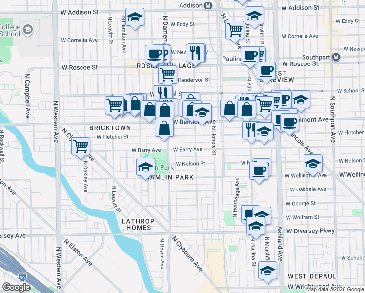 map of restaurants, bars, coffee shops, grocery stores, and more near 1913 West Fletcher Street in Chicago