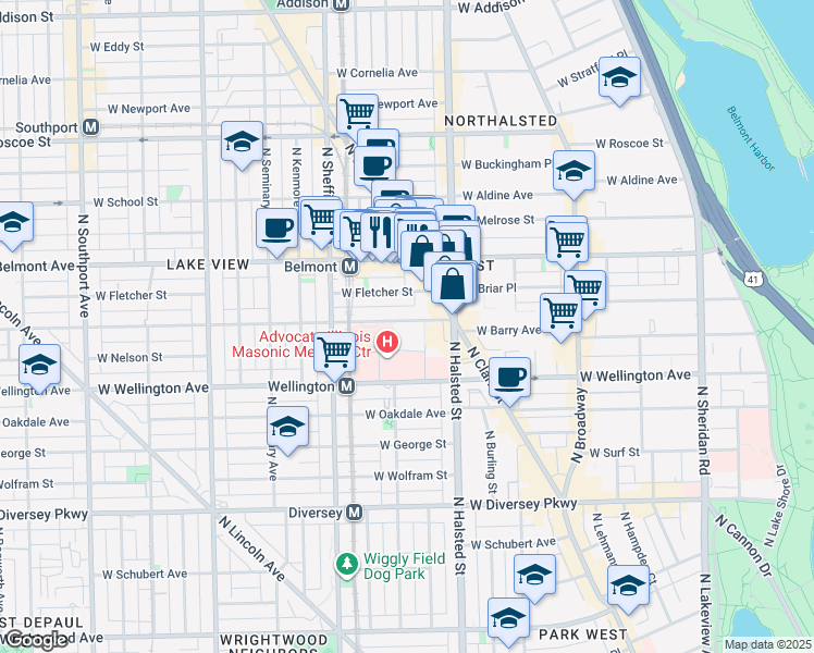 map of restaurants, bars, coffee shops, grocery stores, and more near 855 West Barry Avenue in Chicago