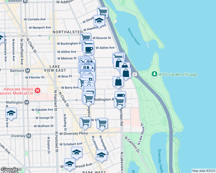 map of restaurants, bars, coffee shops, grocery stores, and more near 446 West Barry Avenue in Chicago