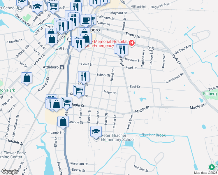 map of restaurants, bars, coffee shops, grocery stores, and more near 35 Hazel Street in Attleboro
