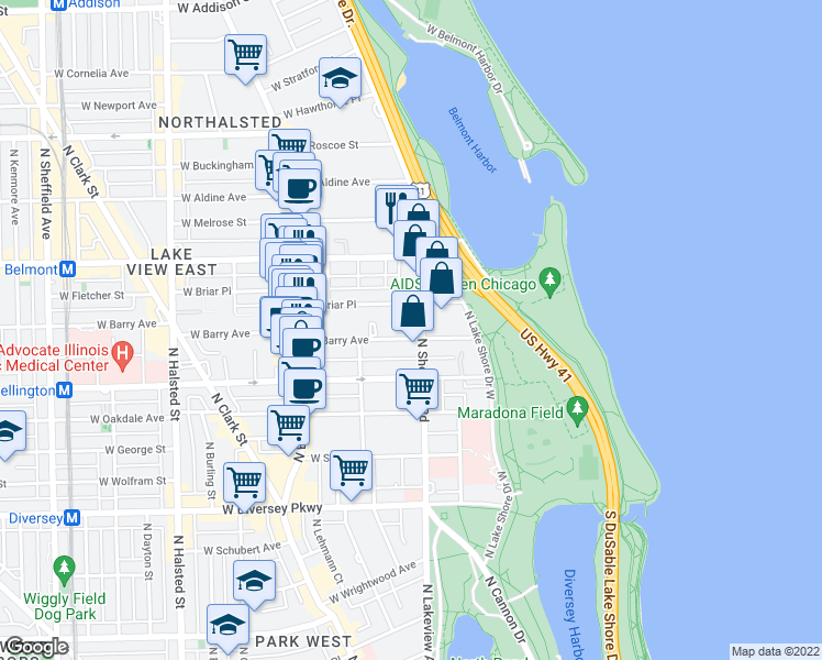 map of restaurants, bars, coffee shops, grocery stores, and more near 423A West Briar Place in Chicago