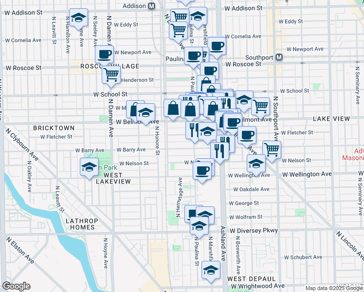 map of restaurants, bars, coffee shops, grocery stores, and more near 1724 West Barry Avenue in Chicago