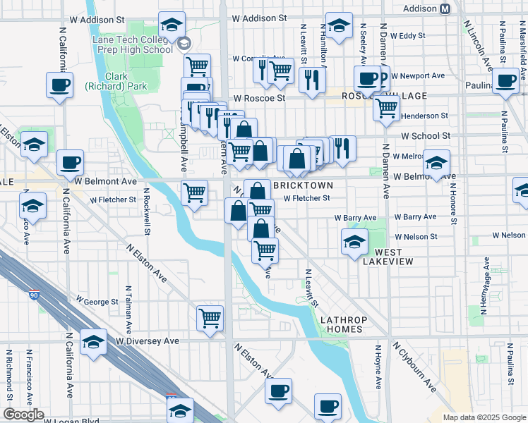 map of restaurants, bars, coffee shops, grocery stores, and more near 3123 North Oakley Avenue in Chicago