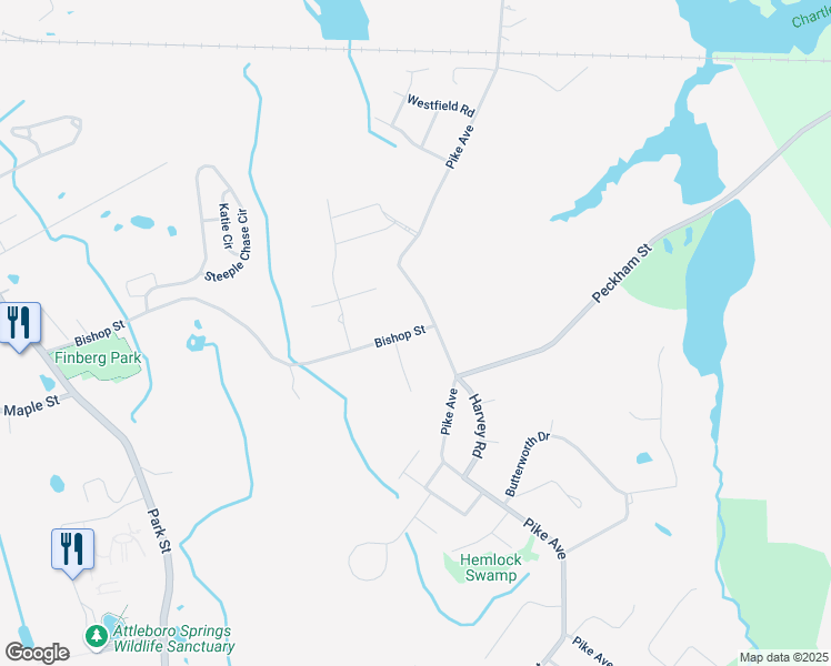 map of restaurants, bars, coffee shops, grocery stores, and more near 300 Bishop Street in Attleboro