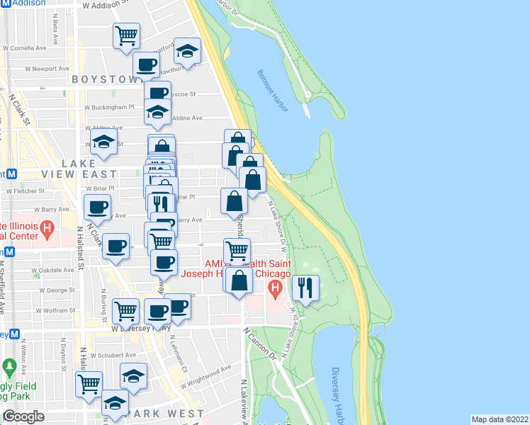 map of restaurants, bars, coffee shops, grocery stores, and more near in Chicago