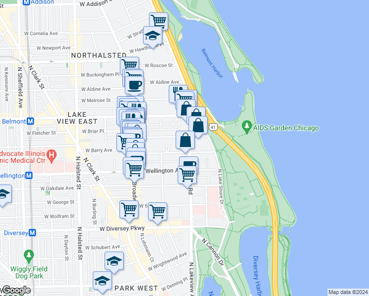 map of restaurants, bars, coffee shops, grocery stores, and more near 423A West Briar Place in Chicago