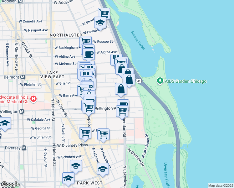 map of restaurants, bars, coffee shops, grocery stores, and more near 423A West Briar Place in Chicago