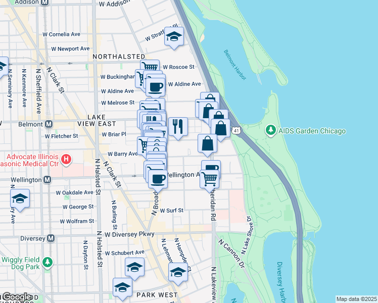 map of restaurants, bars, coffee shops, grocery stores, and more near 463 West Briar Place in Chicago