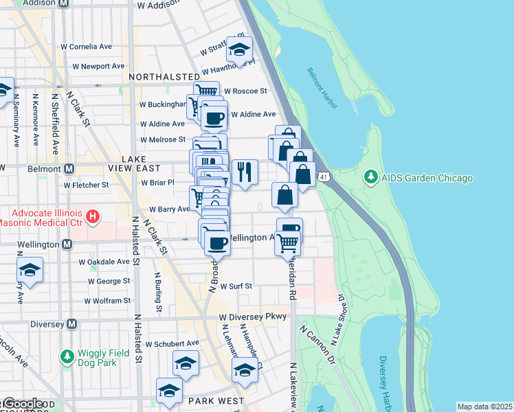 map of restaurants, bars, coffee shops, grocery stores, and more near 463 West Briar Place in Chicago