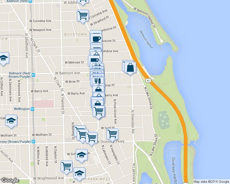 map of restaurants, bars, coffee shops, grocery stores, and more near 463 West Briar Place in Chicago