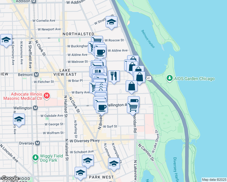 map of restaurants, bars, coffee shops, grocery stores, and more near 463 West Briar Place in Chicago