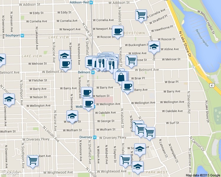 map of restaurants, bars, coffee shops, grocery stores, and more near 846 West Barry Avenue in Chicago