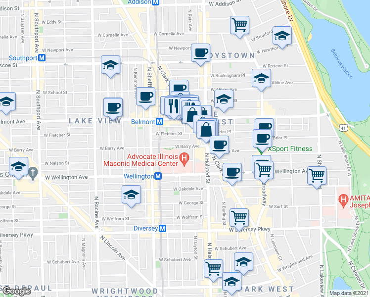 map of restaurants, bars, coffee shops, grocery stores, and more near 846 West Barry Avenue in Chicago