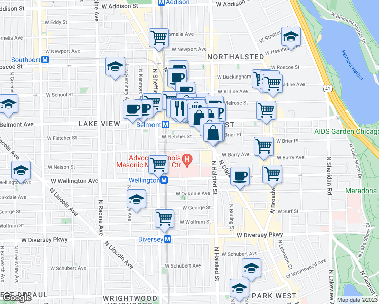 map of restaurants, bars, coffee shops, grocery stores, and more near 846 West Barry Avenue in Chicago