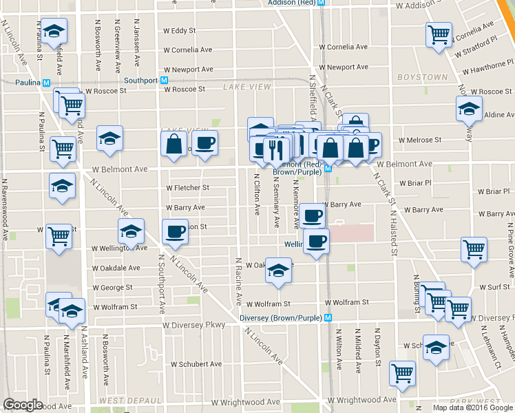 map of restaurants, bars, coffee shops, grocery stores, and more near 3116 North Seminary Avenue in Chicago