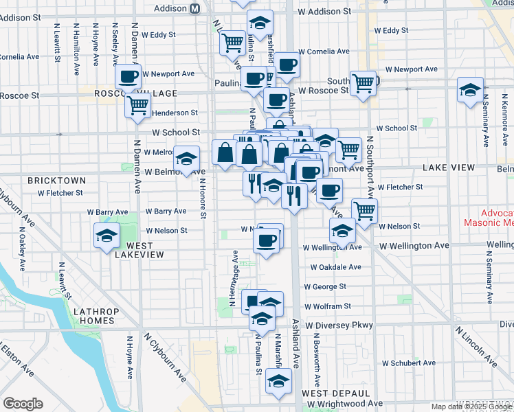 map of restaurants, bars, coffee shops, grocery stores, and more near 1645 West Fletcher Street in Chicago