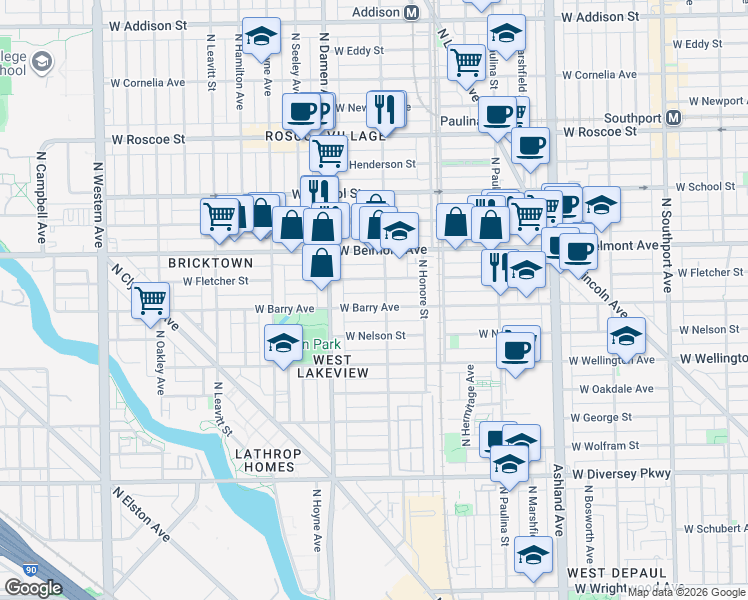 map of restaurants, bars, coffee shops, grocery stores, and more near 1913 West Fletcher Street in Chicago