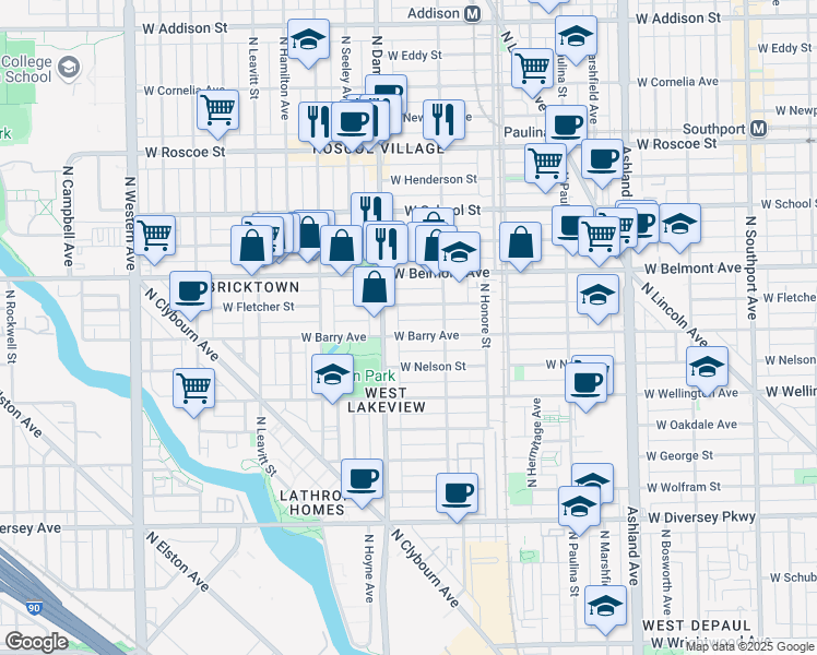 map of restaurants, bars, coffee shops, grocery stores, and more near 1949 West Fletcher Street in Chicago