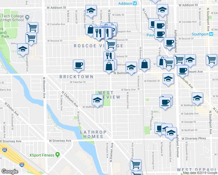map of restaurants, bars, coffee shops, grocery stores, and more near 1949 West Fletcher Street in Chicago