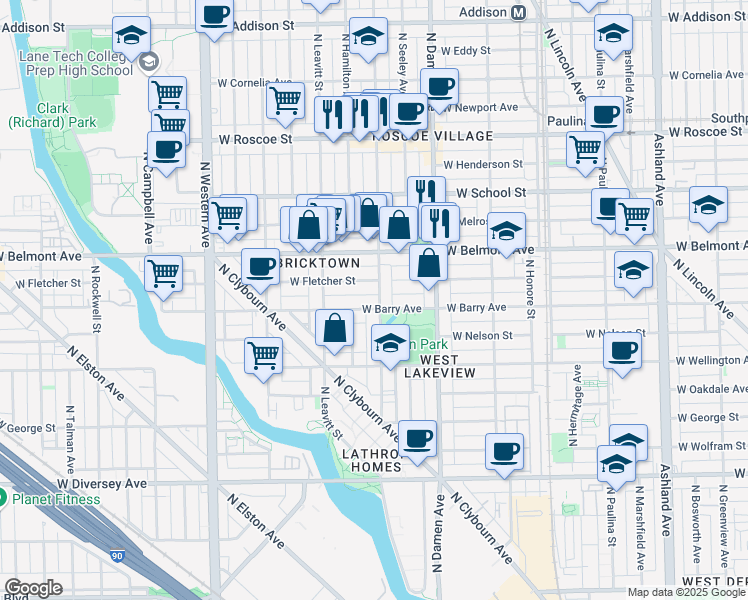 map of restaurants, bars, coffee shops, grocery stores, and more near 2103 West Fletcher Street in Chicago