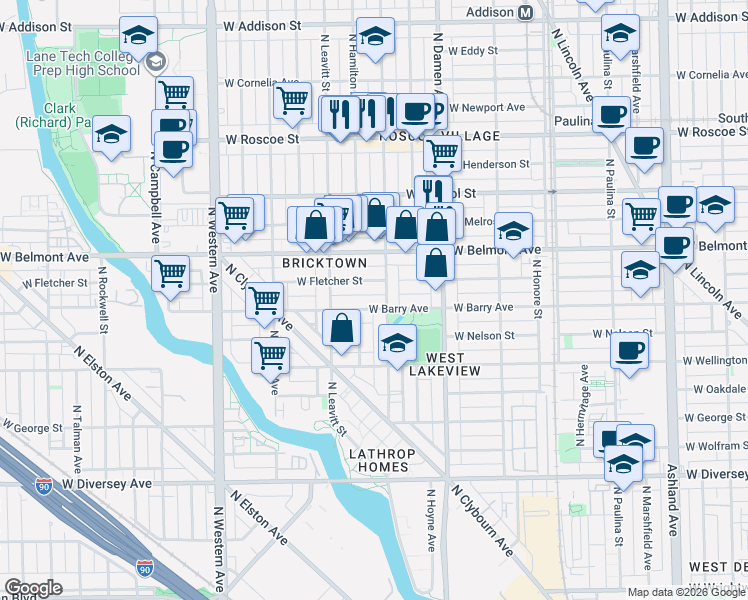 map of restaurants, bars, coffee shops, grocery stores, and more near 2103 West Fletcher Street in Chicago
