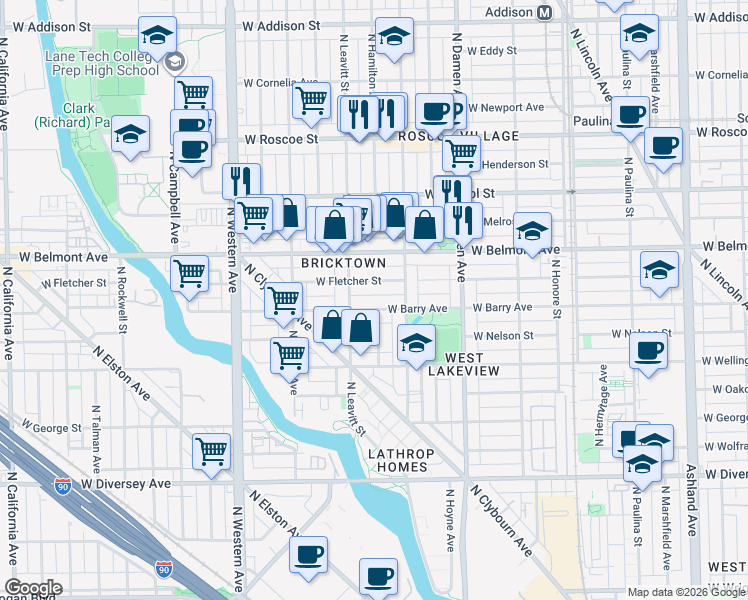 map of restaurants, bars, coffee shops, grocery stores, and more near 2147 West Fletcher Street in Chicago