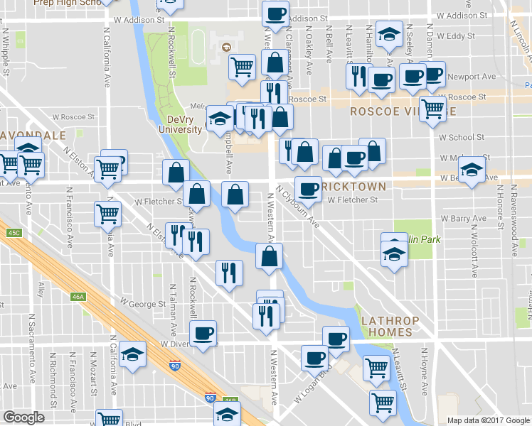 map of restaurants, bars, coffee shops, grocery stores, and more near 3122 North Western Avenue in Chicago