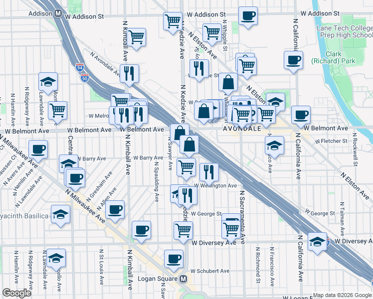 map of restaurants, bars, coffee shops, grocery stores, and more near 3130 North Kedzie Avenue in Chicago