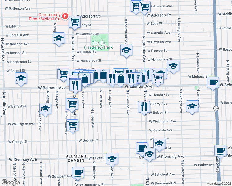 map of restaurants, bars, coffee shops, grocery stores, and more near 5335 West Belmont Avenue in Chicago