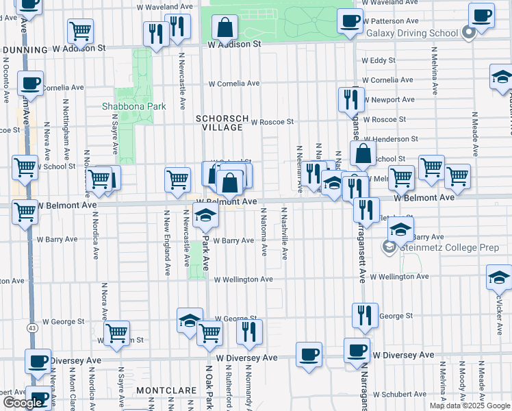 map of restaurants, bars, coffee shops, grocery stores, and more near 6620 West Belmont Avenue in Chicago