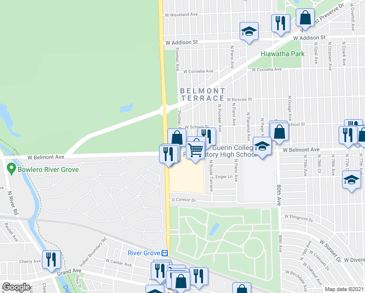 map of restaurants, bars, coffee shops, grocery stores, and more near 3230 North Plainfield Avenue in Chicago
