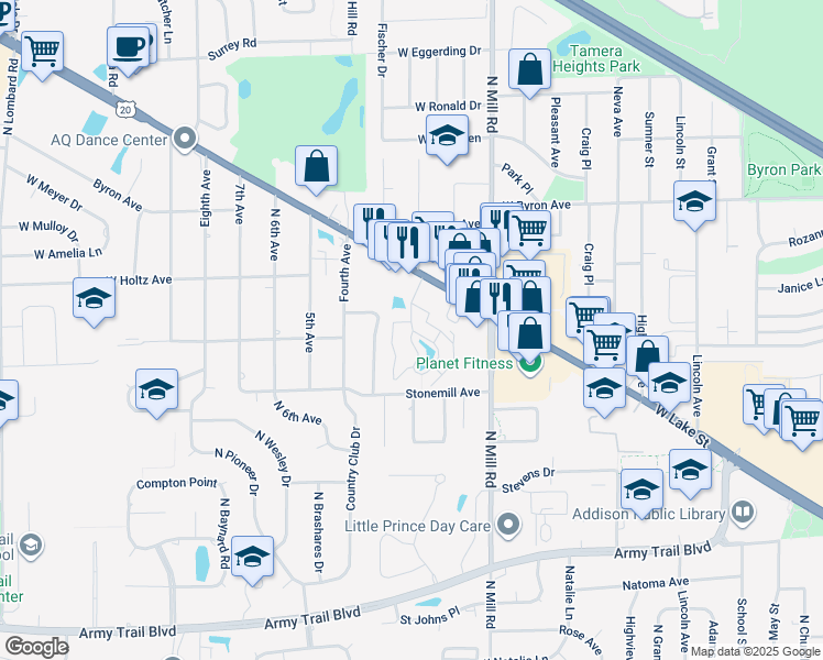 map of restaurants, bars, coffee shops, grocery stores, and more near 748 Briar Hill Lane in Addison