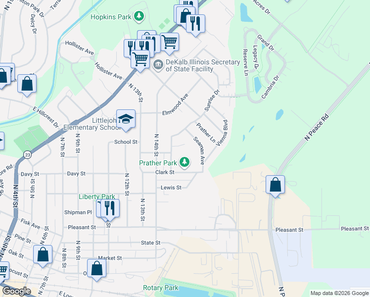 map of restaurants, bars, coffee shops, grocery stores, and more near 1717 Seaman Avenue in DeKalb