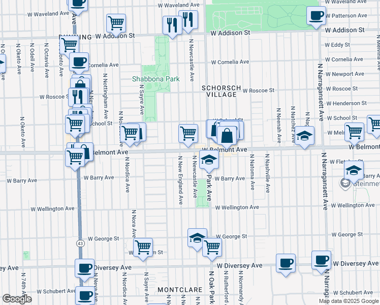 map of restaurants, bars, coffee shops, grocery stores, and more near 6850 West Belmont Avenue in Chicago