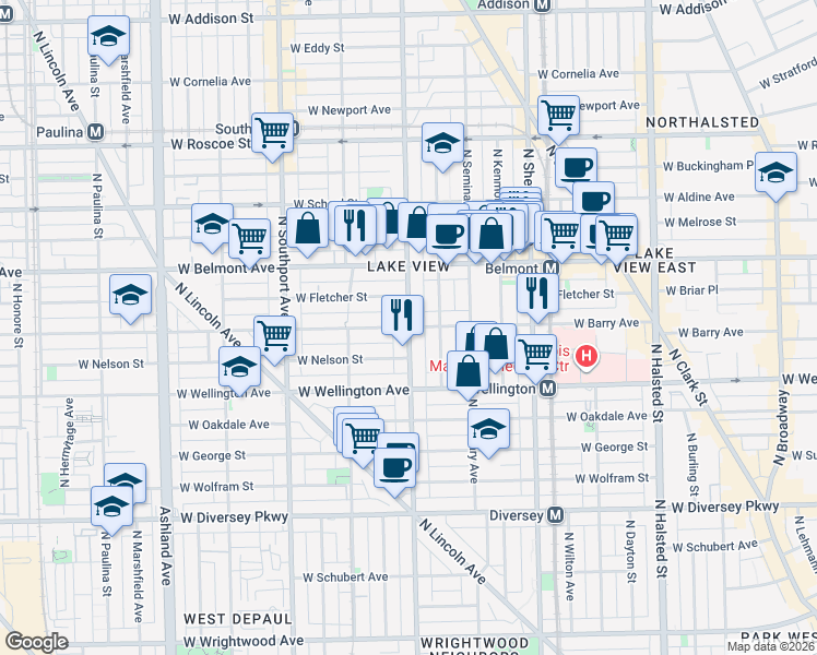 map of restaurants, bars, coffee shops, grocery stores, and more near N Racine Ave & W Barry Ave in Chicago