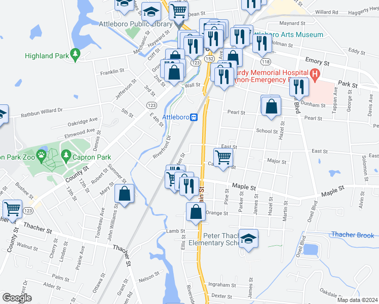 map of restaurants, bars, coffee shops, grocery stores, and more near 15 Garden Street in Attleboro