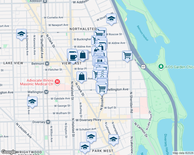 map of restaurants, bars, coffee shops, grocery stores, and more near 616 West Barry Avenue in Chicago