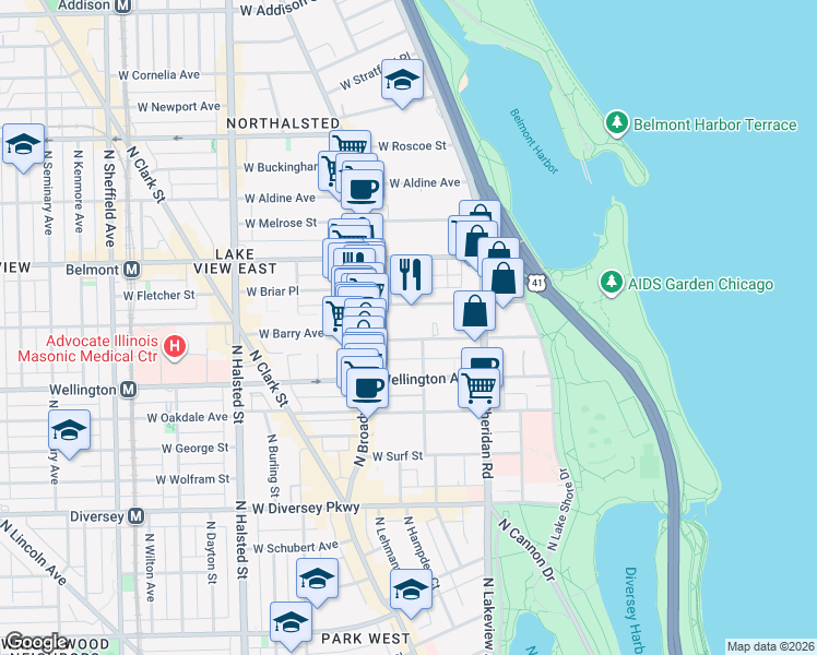 map of restaurants, bars, coffee shops, grocery stores, and more near 463 West Briar Place in Chicago