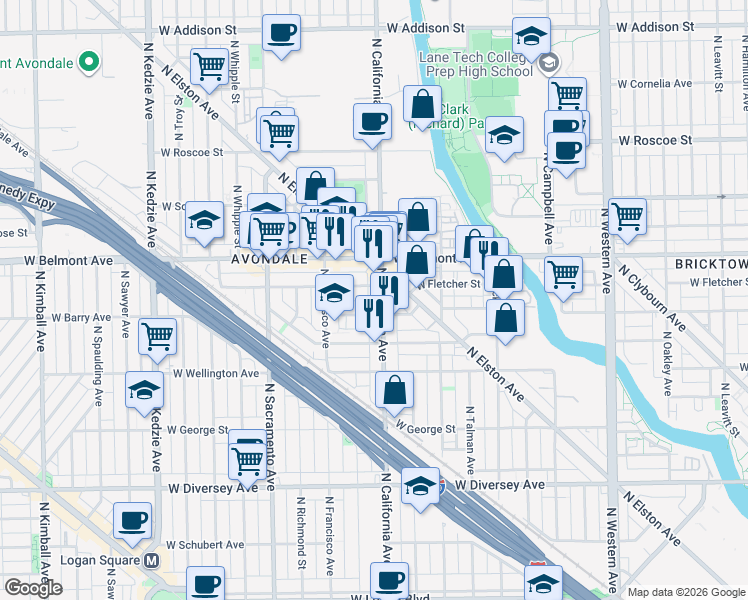 map of restaurants, bars, coffee shops, grocery stores, and more near 3112 North California Avenue in Chicago