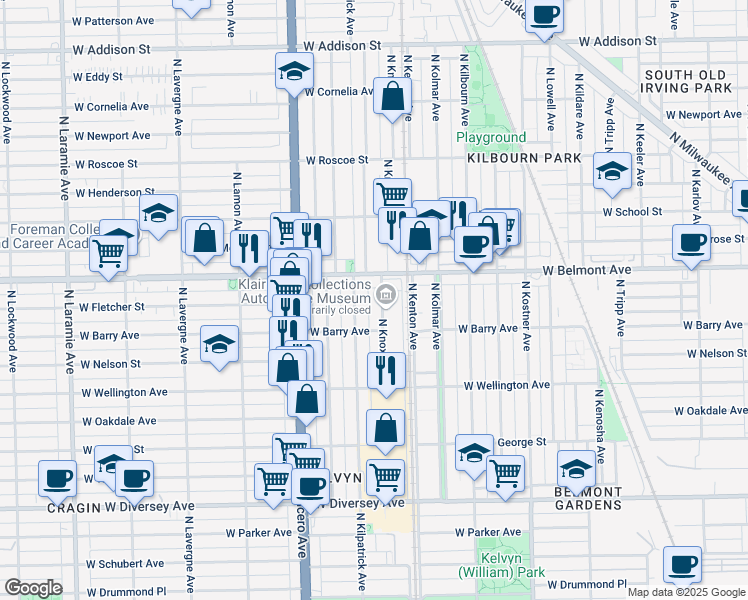 map of restaurants, bars, coffee shops, grocery stores, and more near 3145 North Kilpatrick Avenue in Chicago