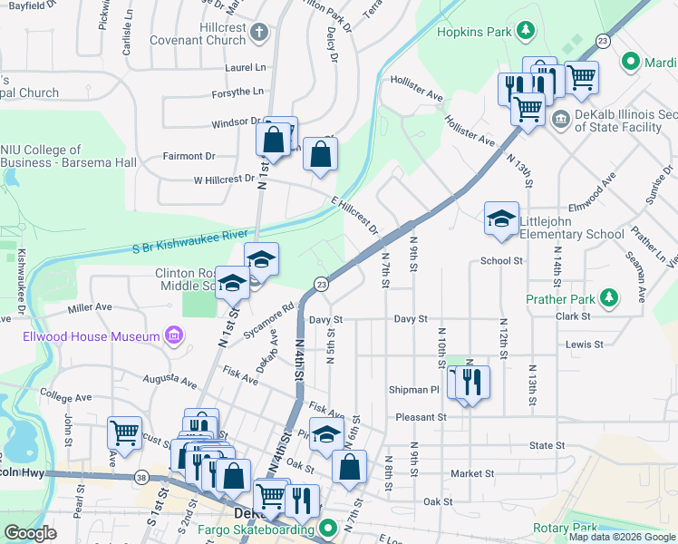 map of restaurants, bars, coffee shops, grocery stores, and more near 531 Sycamore Road in DeKalb