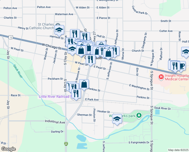 map of restaurants, bars, coffee shops, grocery stores, and more near 57 Division Street in Coldwater