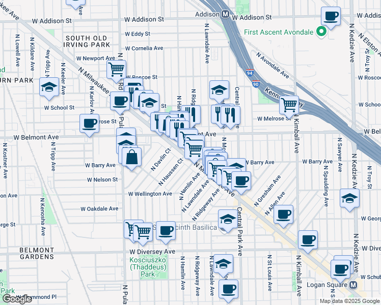 map of restaurants, bars, coffee shops, grocery stores, and more near 3121 North Hamlin Avenue in Chicago